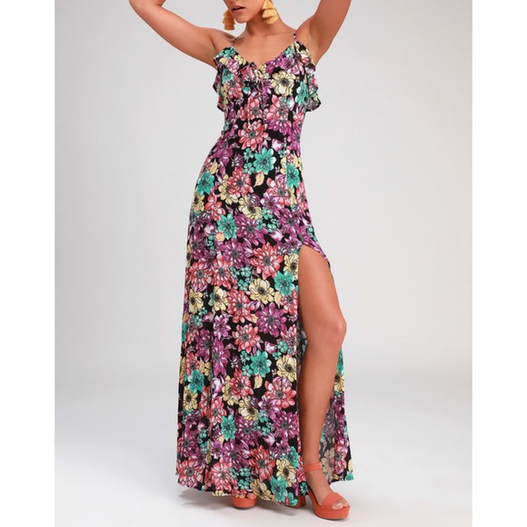 Lulus Dynah women's S Black Floral Print Sleeveless Maxi Dress strap ruffle - Picture 2 of 9